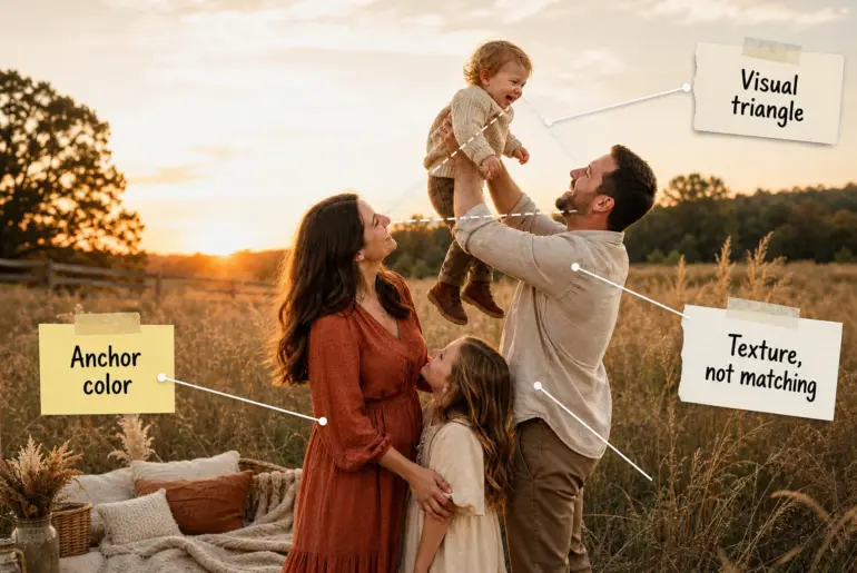 Family of four laughing together in a sunlit field at golden hour, with the father lifting a toddler in the air.