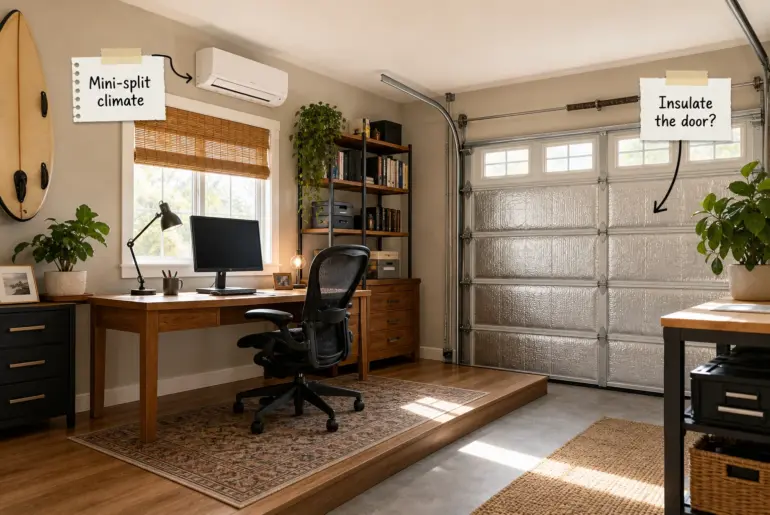 A modern home office set up on a raised wooden platform inside a garage with an insulated door and mini-split AC unit.