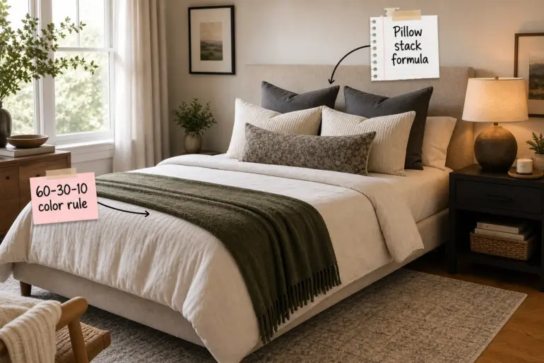 Modern cozy bedroom featuring a layered bed with a green throw, a nightstand with a lamp, and a large textured rug.