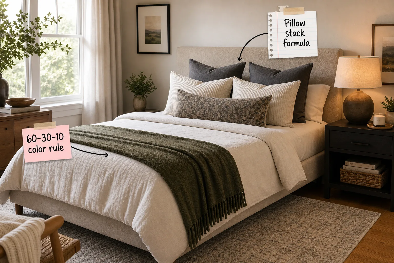 Modern cozy bedroom featuring a layered bed with a green throw, a nightstand with a lamp, and a large textured rug.
