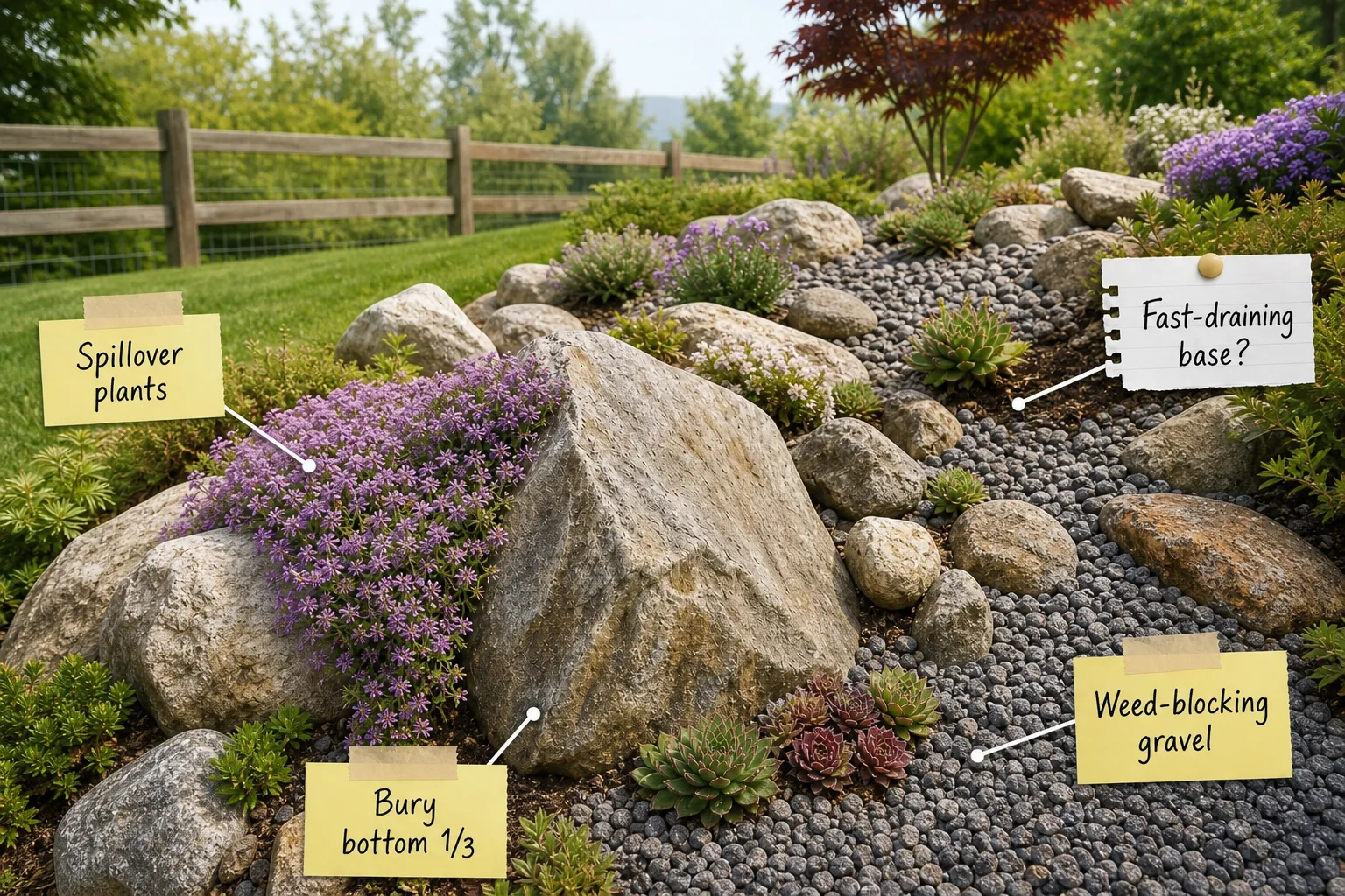 A beautifully arranged backyard rock garden on a gentle slope featuring weathered anchor boulders, creeping thyme, and crisp gravel mulch.