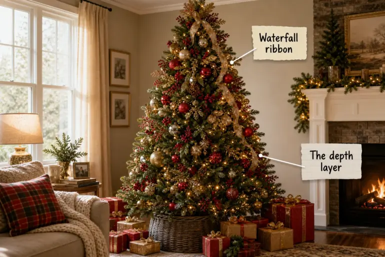 A professionally decorated glowing Christmas tree in a cozy living room with labels pointing to the waterfall ribbon and depth layer.