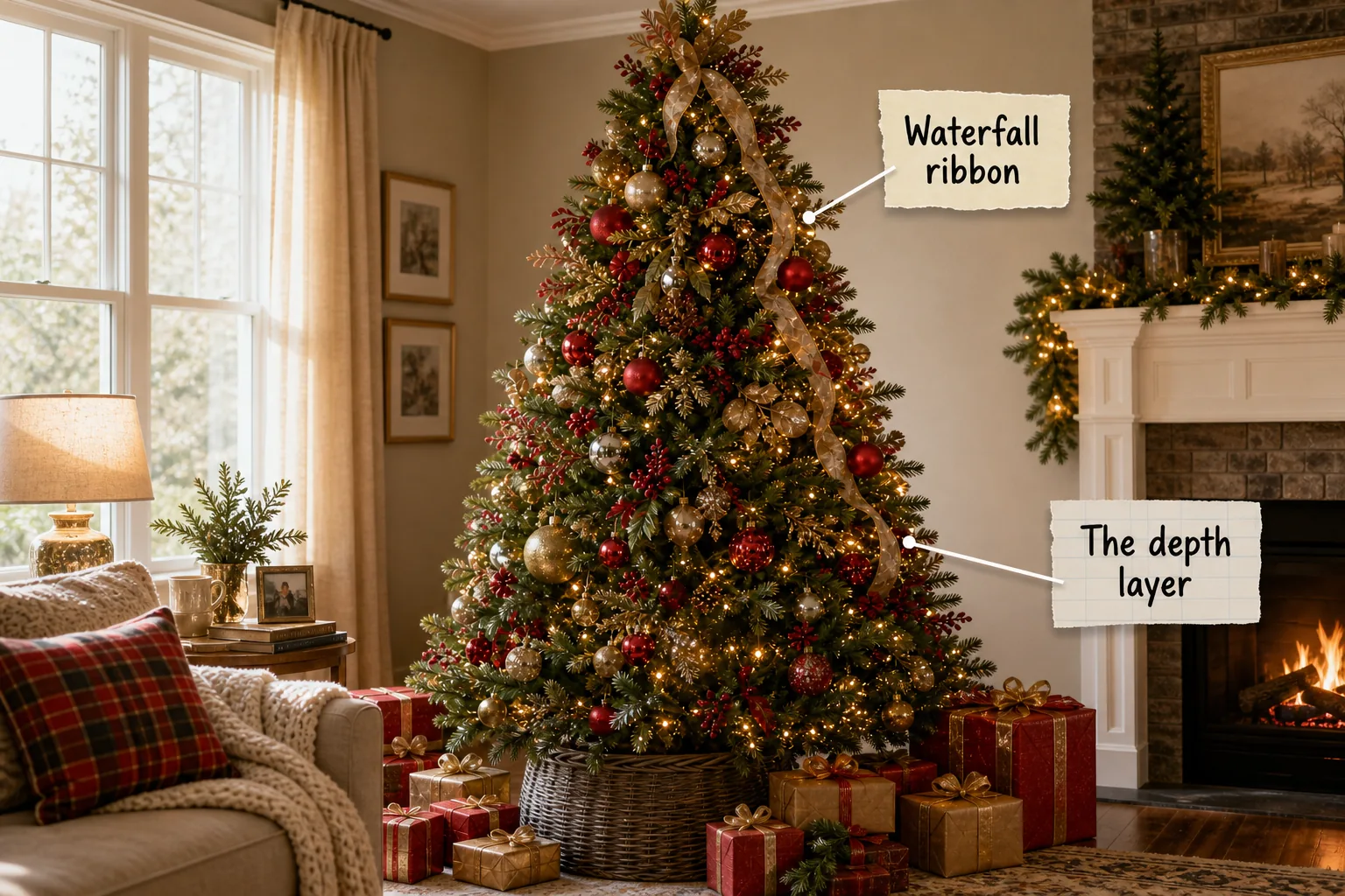 A professionally decorated glowing Christmas tree in a cozy living room with labels pointing to the waterfall ribbon and depth layer.