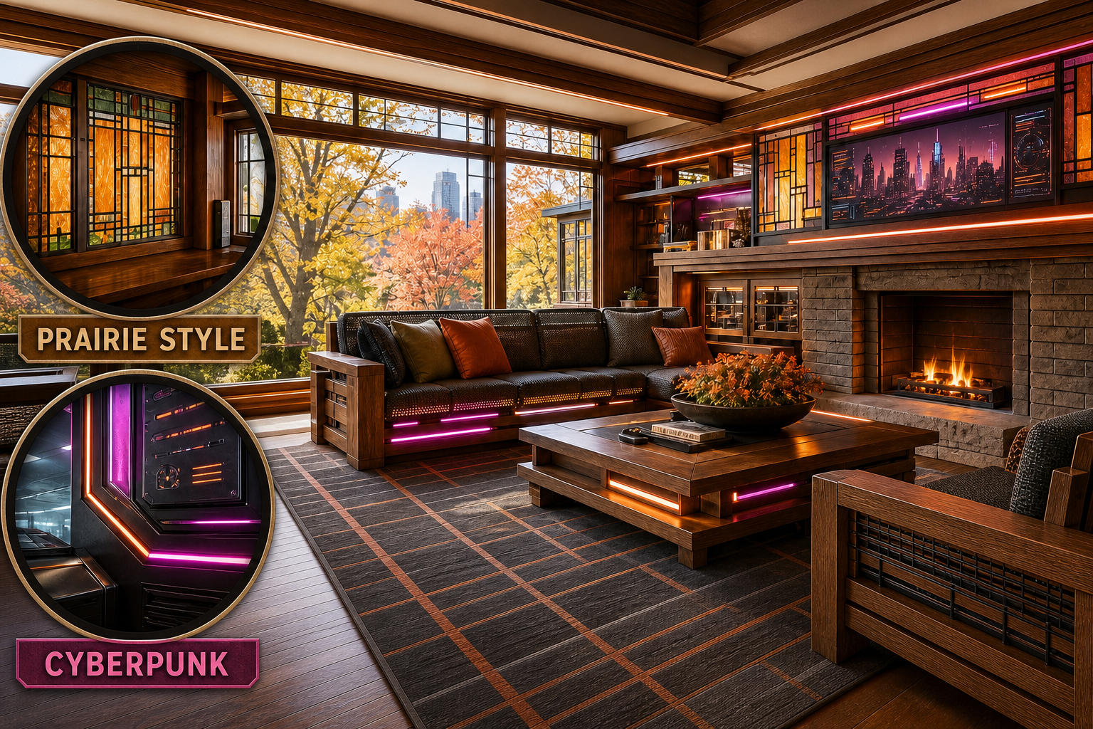 prairie style cyberpunk living room