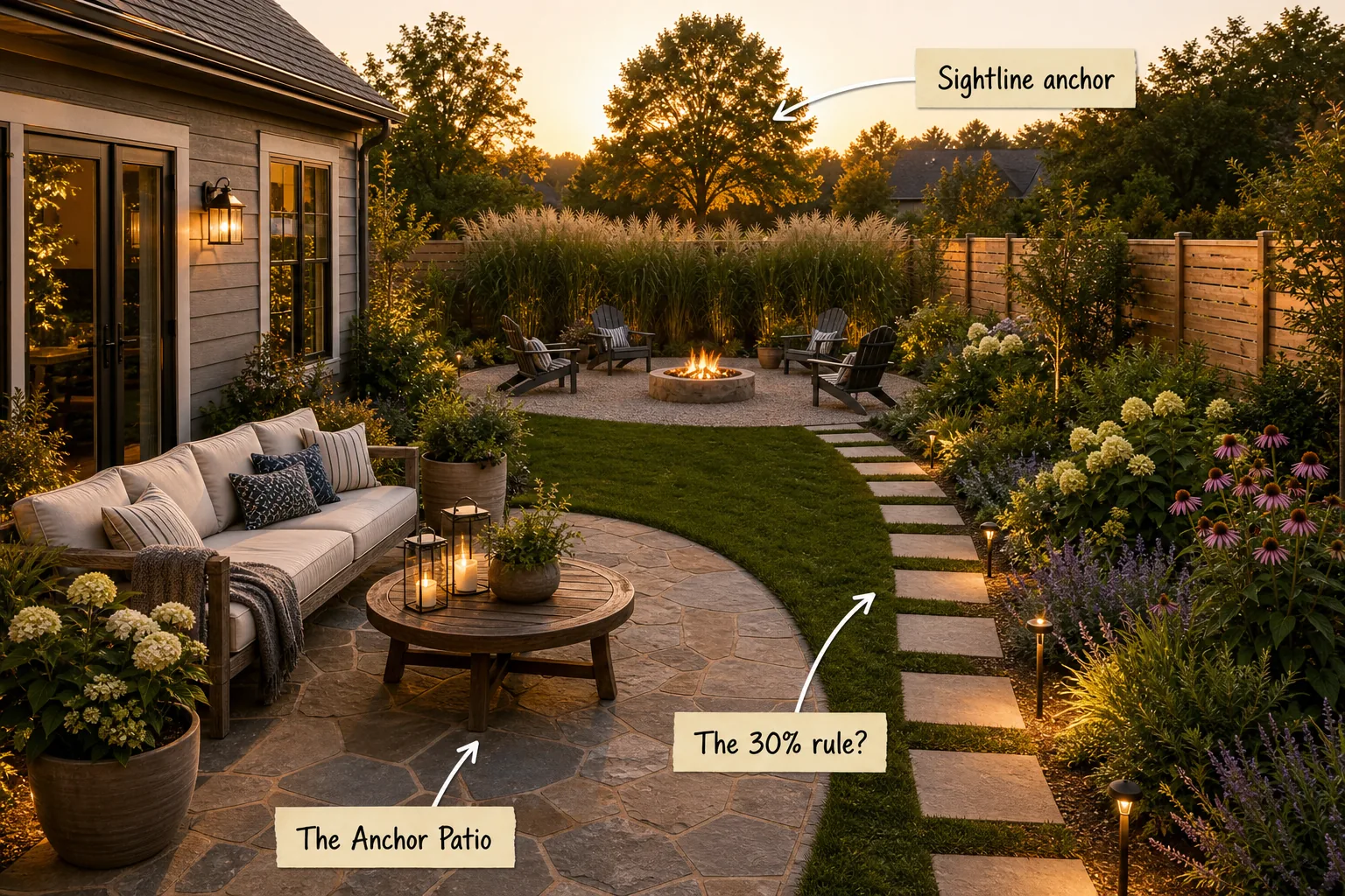 A beautifully landscaped suburban backyard at sunset featuring a stone patio with a sofa, a stepping stone path, and a rear gravel fire pit area.