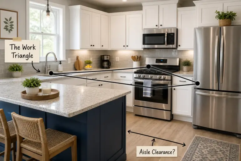 Bright modern kitchen featuring a navy blue island, white perimeter cabinets, and stainless steel appliances.