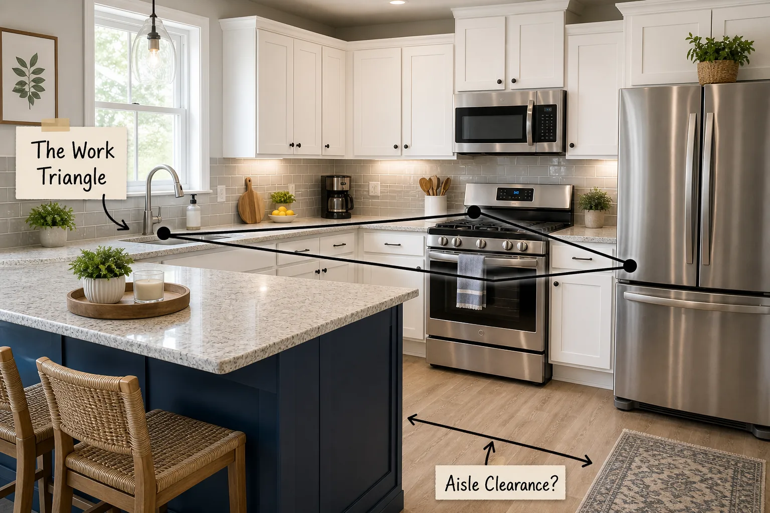 Bright modern kitchen featuring a navy blue island, white perimeter cabinets, and stainless steel appliances.
