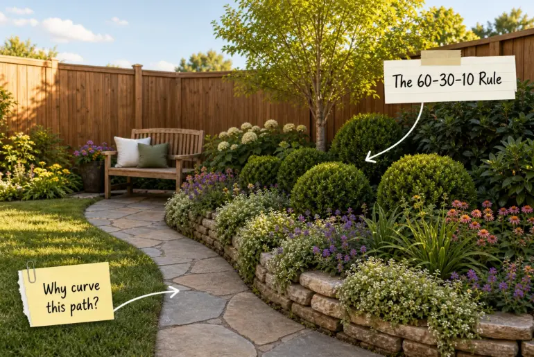 Lush layered garden bed with a curved flagstone pathway, an ornamental tree, rounded shrubs, and creeping border plants against a wooden fence.
