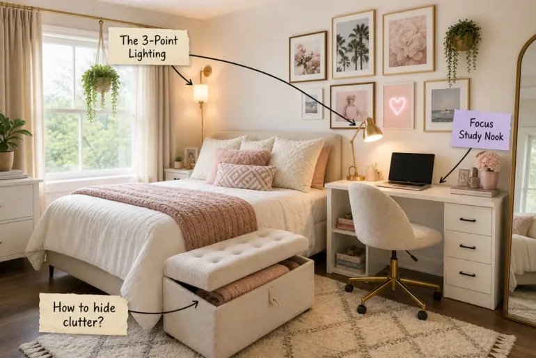 A bright modern teenage girl's bedroom featuring a bed with blush pillows, a gallery wall, and a white desk setup.