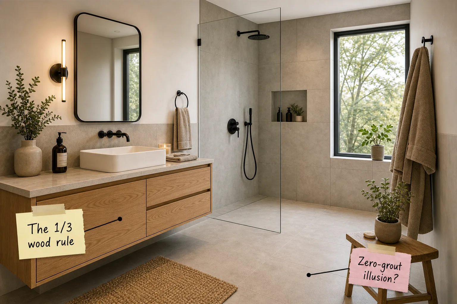 A modern bathroom featuring a warm oak floating vanity, matte black fixtures, and a frameless glass shower enclosure.