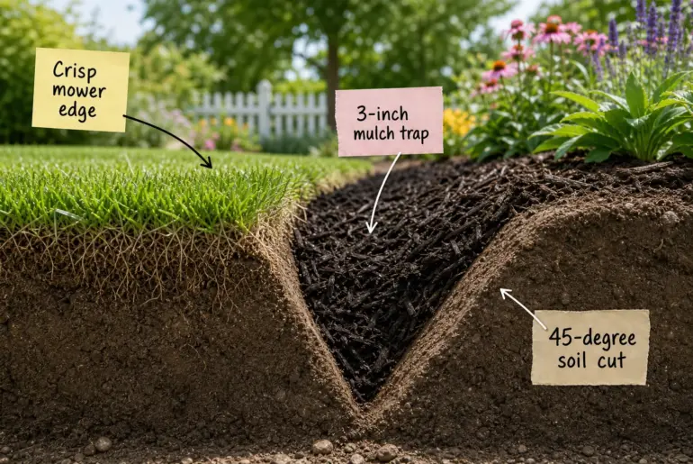 Cross-section view of a garden V-trench separating a green lawn from a mulched garden bed