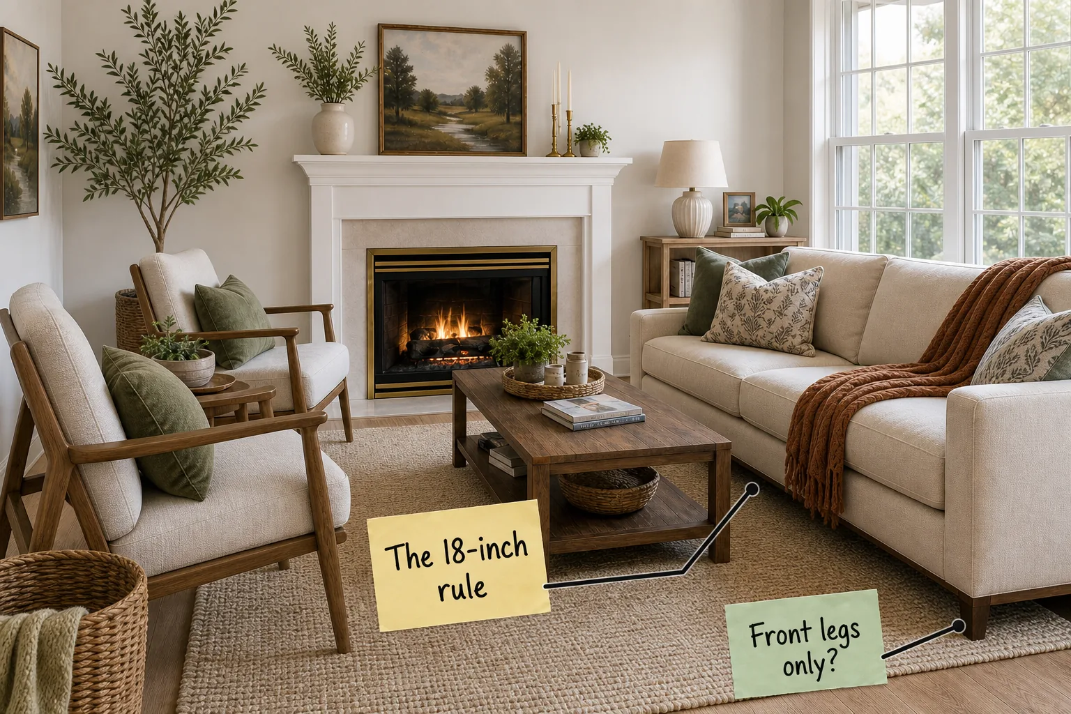 A bright, warm living room layout showing a sofa, two accent chairs, and a coffee table centered around a fireplace.