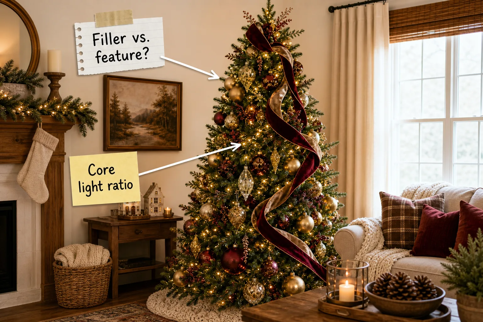 A beautifully styled Christmas tree glowing in a cozy living room, decorated with cascading burgundy and gold ribbon and layered ornaments.