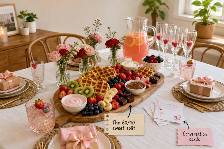 A beautifully set Galentine's Day brunch table featuring a large waffle board, pink drinks, and floral centerpieces.