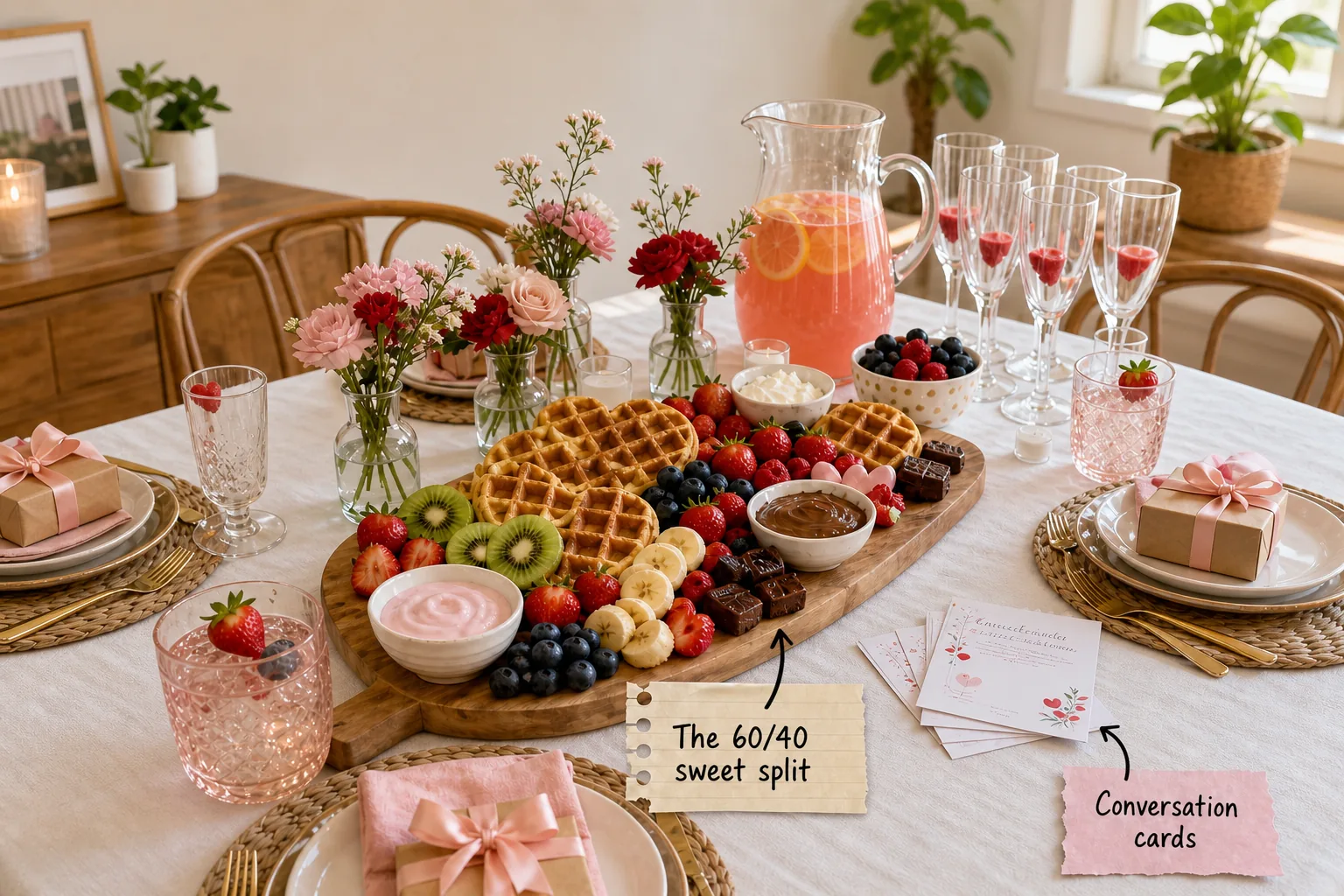 A beautifully set Galentine's Day brunch table featuring a large waffle board, pink drinks, and floral centerpieces.