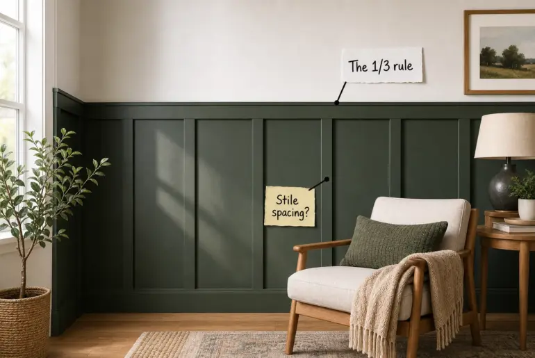 Living room corner with deep green board and batten panelling, a white upper wall, and a light wood armchair.