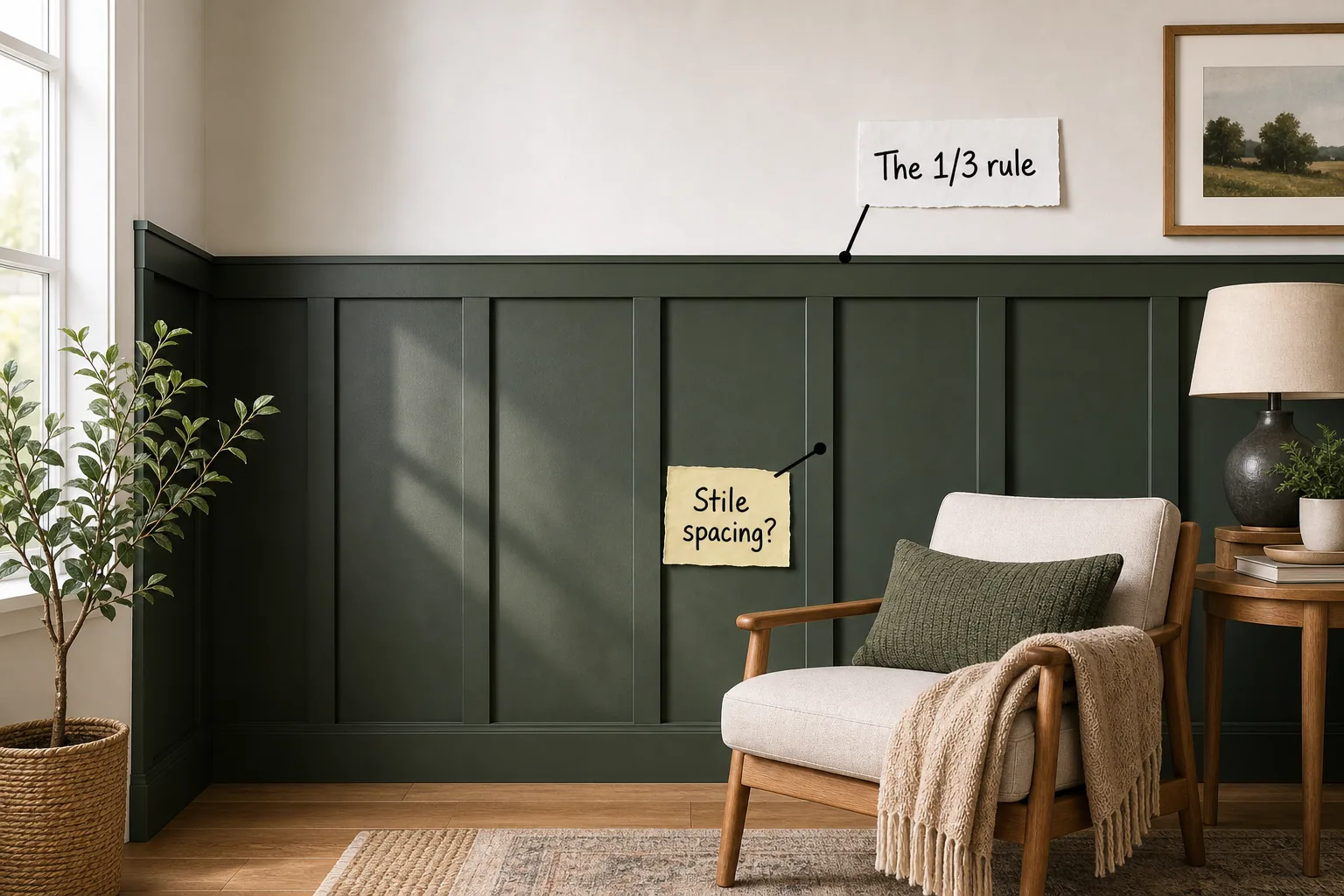 Living room corner with deep green board and batten panelling, a white upper wall, and a light wood armchair.