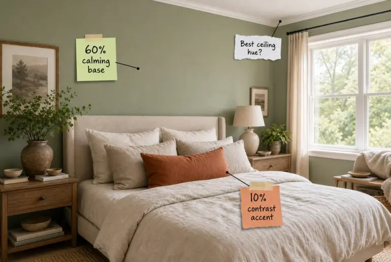 Modern bedroom with sage green walls, oatmeal linen bedding, and a terracotta lumbar pillow.