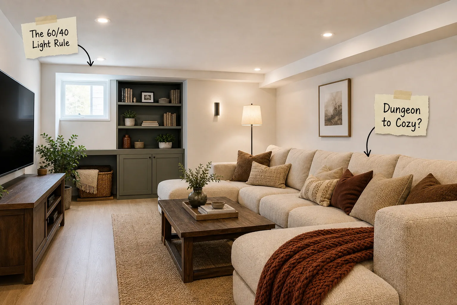 Wide view of a bright, cozy basement renovation featuring a low ceiling, light oak flooring, and a large textured sectional sofa.