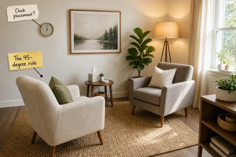 A calming therapy office with two beige armchairs angled toward each other on a textured rug, illuminated by a warm floor lamp.