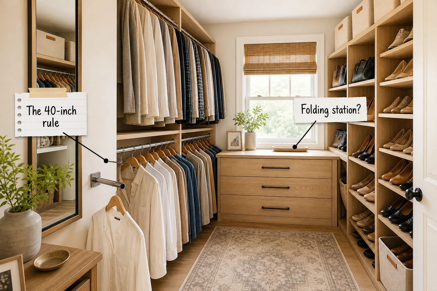 A bright walk-in closet with light wood built-in shelving, double hanging rods on the left, and a drawer unit under a window.