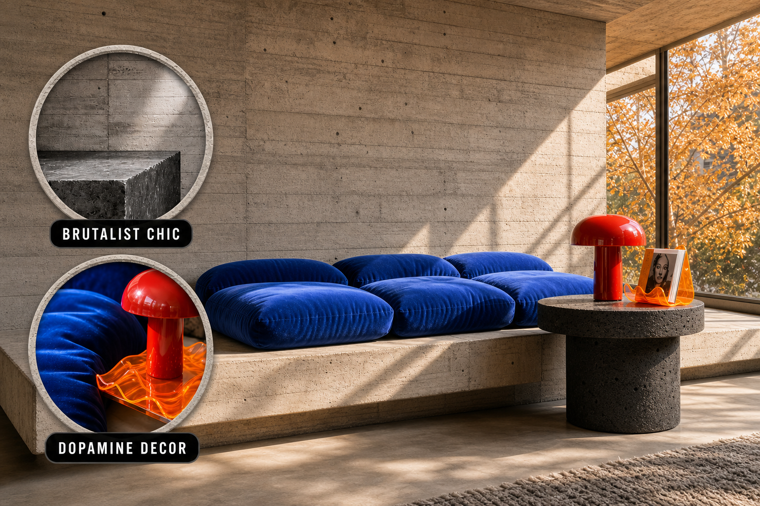 brutalist chic dopamine reading nook