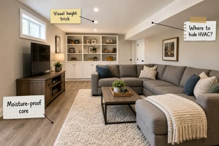 Finished basement family room with a grey sectional, luxury vinyl plank flooring, and built-in shelving.