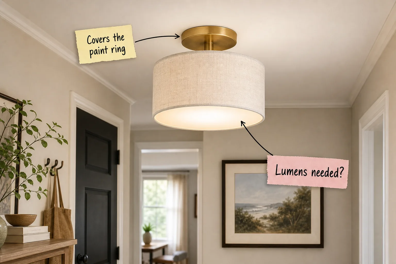 A modern brass semi-flush mount ceiling light with a linen drum shade installed in a hallway.
