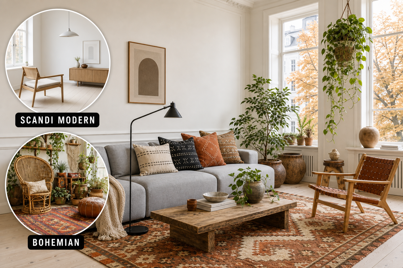 scandi modern bohemian living room
