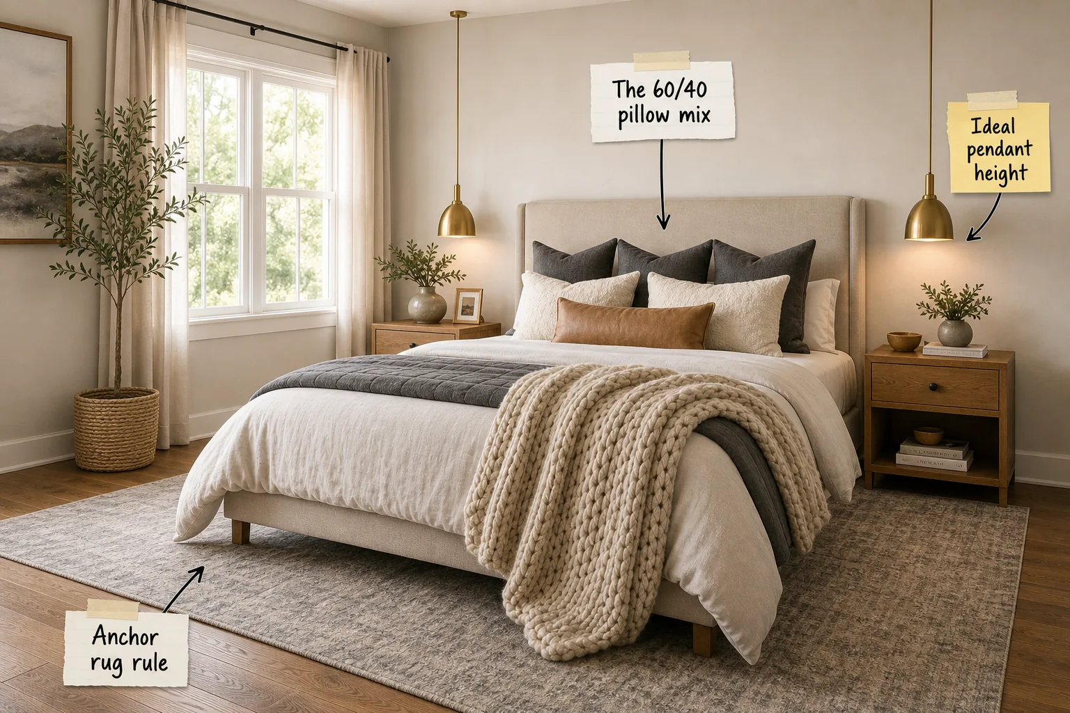 A beautifully styled master bedroom with a king bed, wood nightstands, brass pendants, and a large area rug.