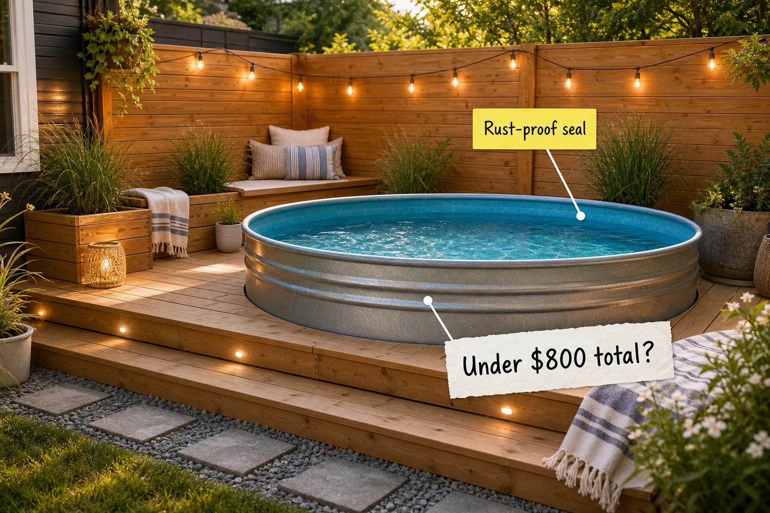 An 8-foot stock tank pool surrounded by a modern wooden deck with a hidden pump box and string lights.