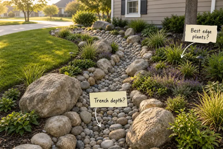 A beautifully landscaped dry creek bed in a front yard featuring large boulders, river rock, and ornamental grasses.