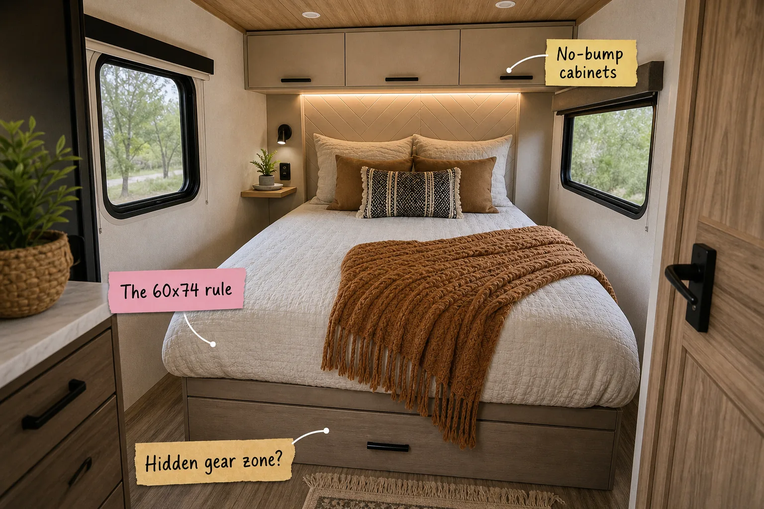Cozy RV bedroom with a short queen bed, wooden ceiling, and sleek beige overhead cabinets.