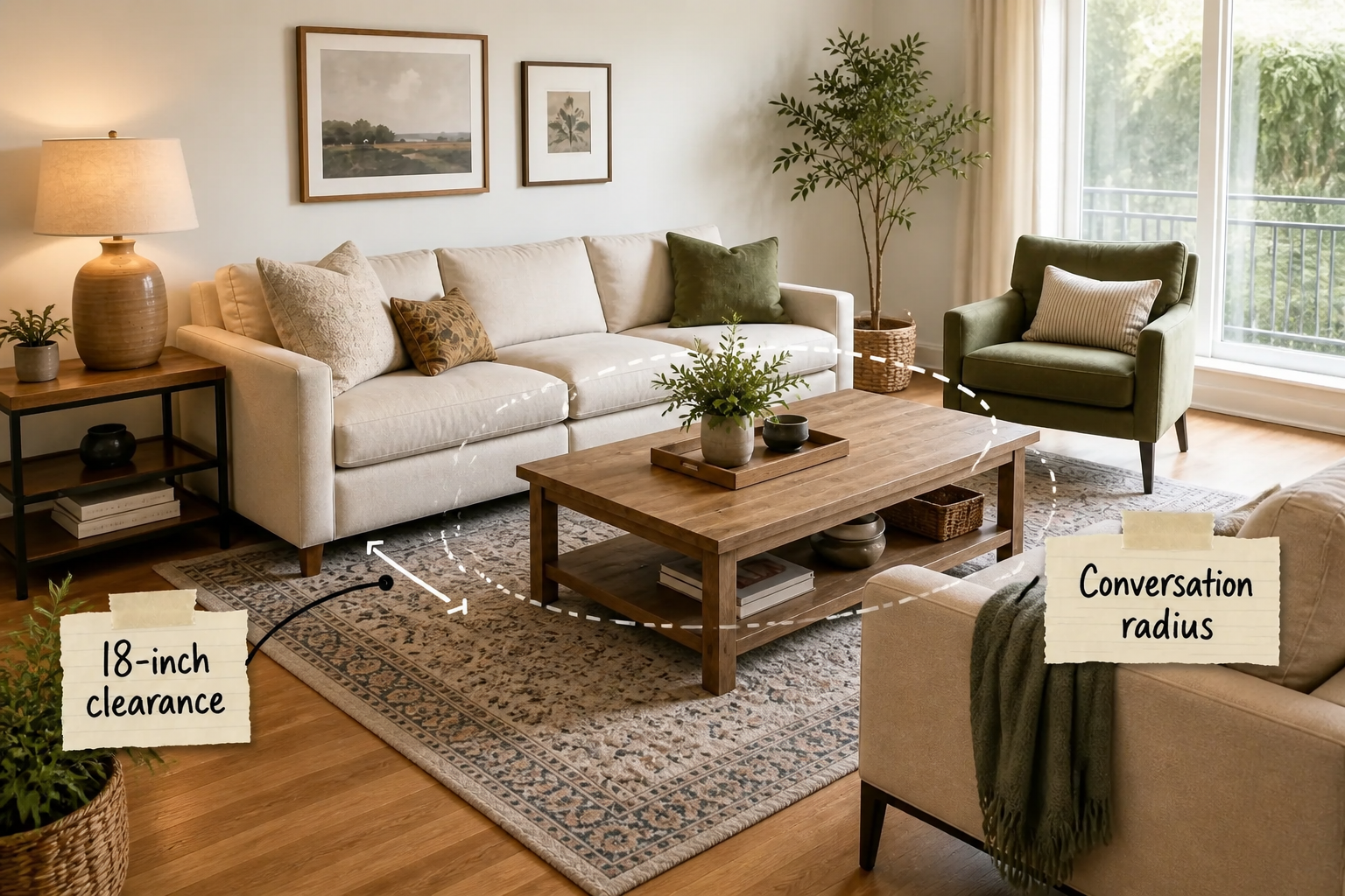 A bright, modern living room featuring a beige sofa, wood coffee table, and green accent chair arranged on a textured rug.