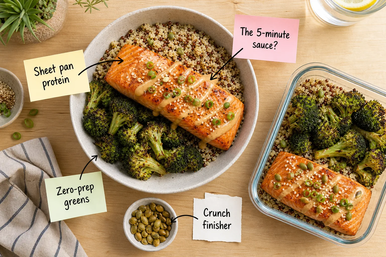 Overhead view of a weeknight dinner bowl with roasted salmon, quinoa, and broccoli next to a glass meal prep container, with sticky note labels pointing to ingredients.