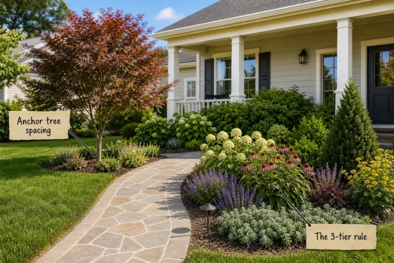A welcoming suburban front yard featuring a curved stone walkway, a small ornamental tree, and layered garden beds leading up to a porch.