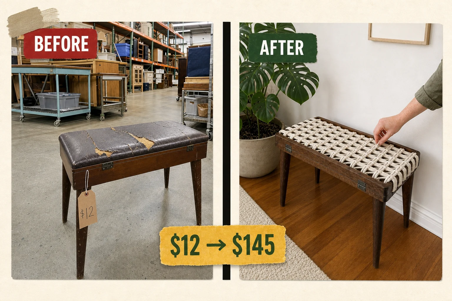 piano bench macrame makeover