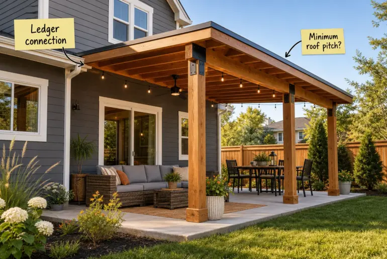 Finished attached covered patio with natural wood ceiling and heavy timber posts connecting to a modern craftsman house