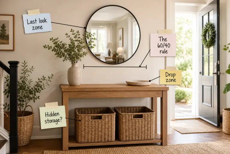 A styled entryway with a wood console table, round mirror, and woven baskets, featuring paper labels pointing to a last look zone and drop zone.
