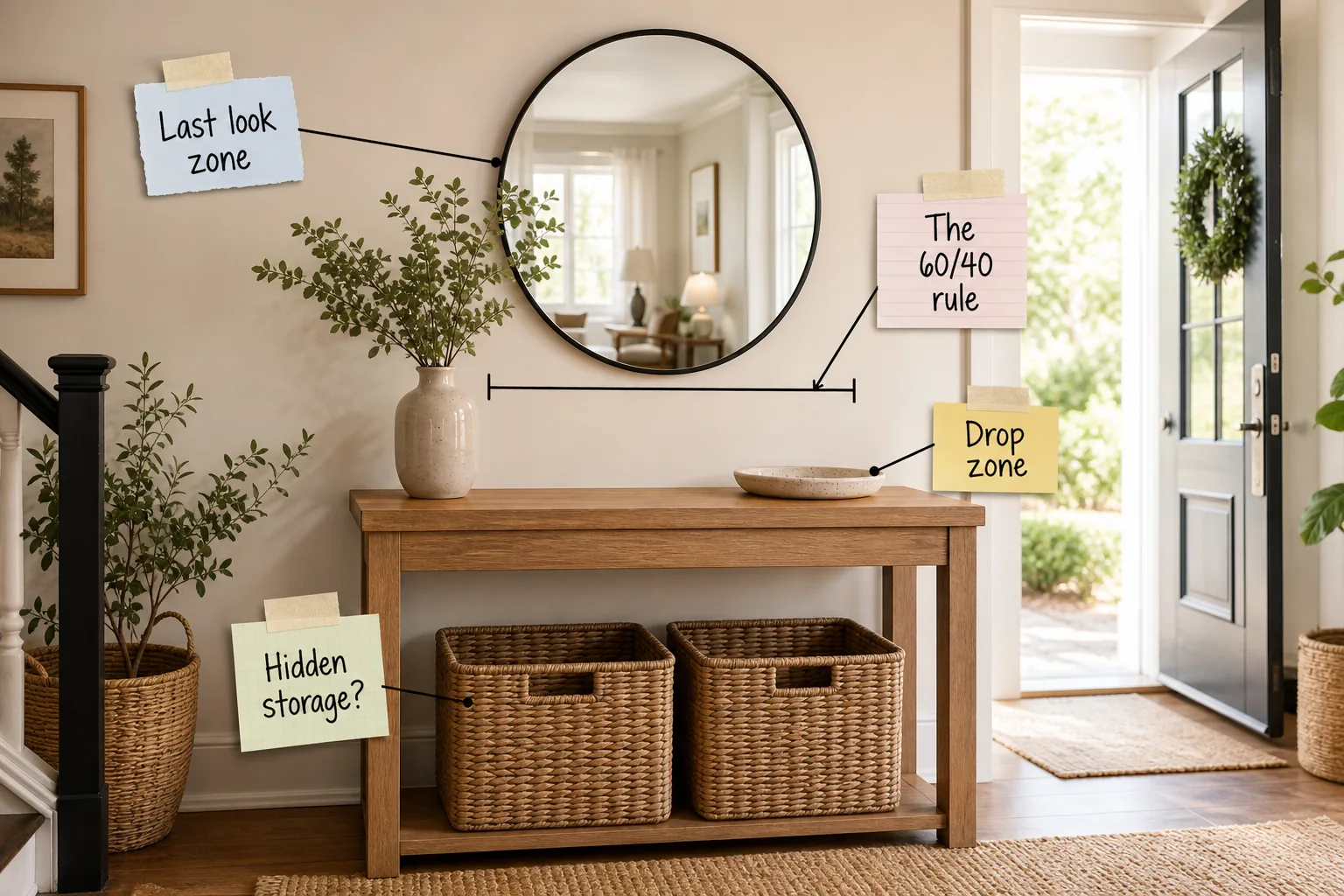 A styled entryway with a wood console table, round mirror, and woven baskets, featuring paper labels pointing to a last look zone and drop zone.