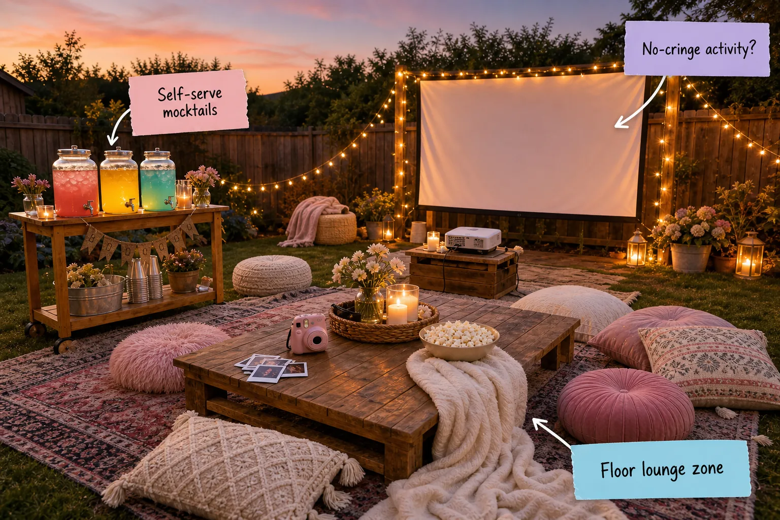 Backyard outdoor movie party setup at dusk with a low wooden table, floor cushions, projector screen, and a mocktail cart.