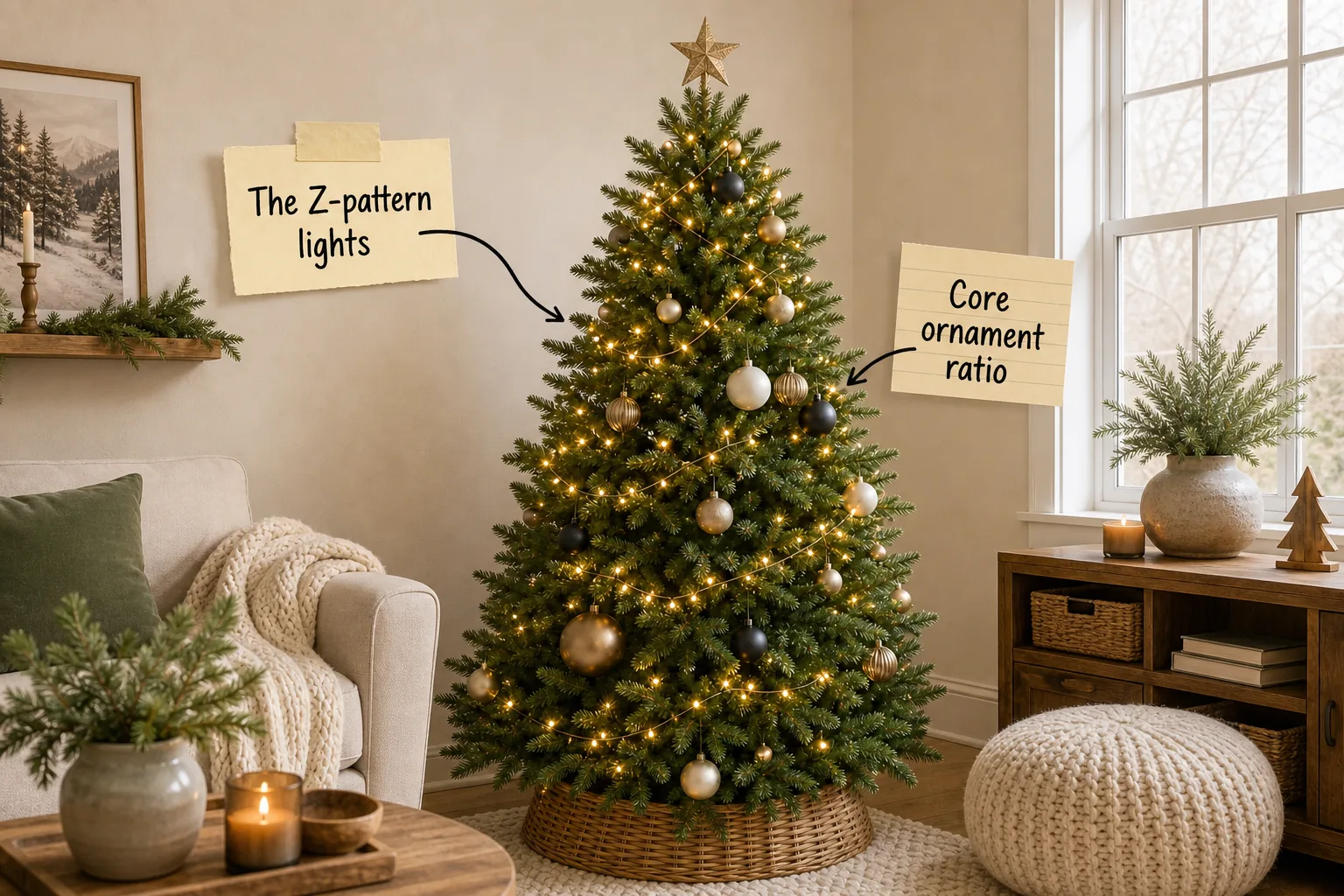 A sparsely decorated green Christmas tree in a cozy modern living room with text labels pointing to the lights and ornaments.