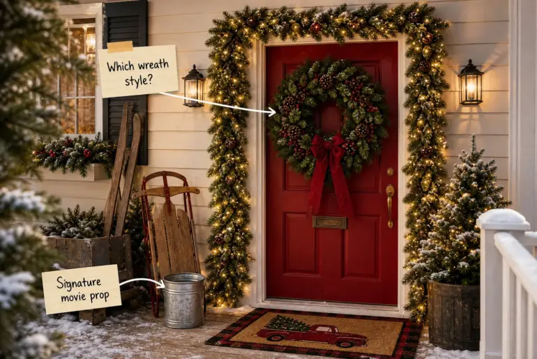 A red front door decorated for Christmas with a thick lit garland, large wreath, vintage sled, and silver paint can on a snowy porch.