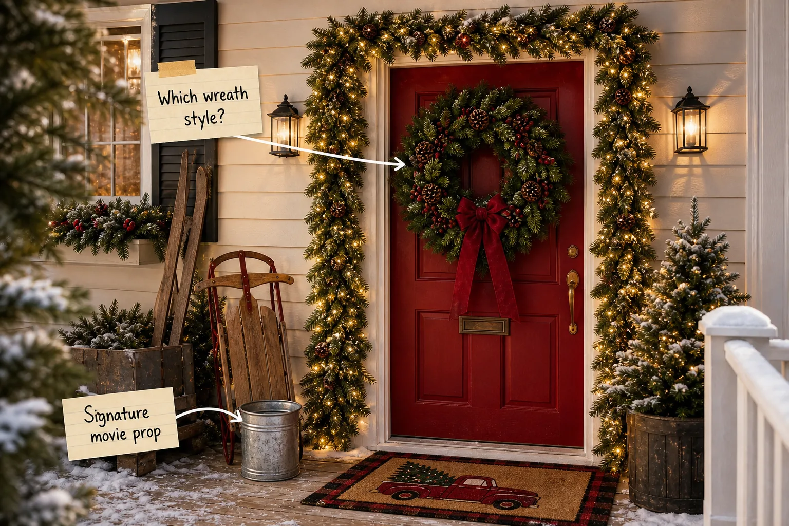 A red front door decorated for Christmas with a thick lit garland, large wreath, vintage sled, and silver paint can on a snowy porch.