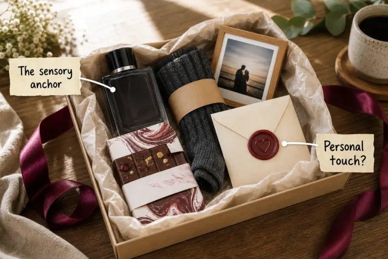 A curated kraft gift box filled with tissue paper, cologne, chocolate, socks, a framed photo, and a wax-sealed envelope on a wooden table.