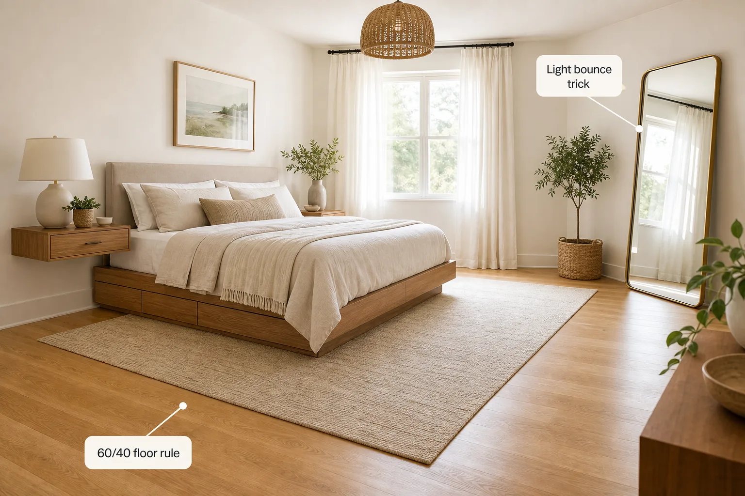 A bright, stylishly arranged small bedroom featuring a bed with built-in drawers, a floating nightstand, high curtains, and a large mirror.