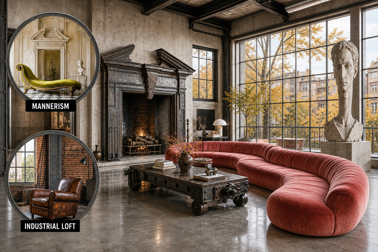 mannerist industrial loft living room