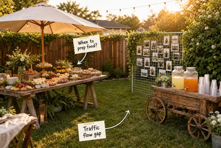 A backyard graduation party setup at golden hour featuring a food table under an umbrella, a drink cart, and a photo display grid.