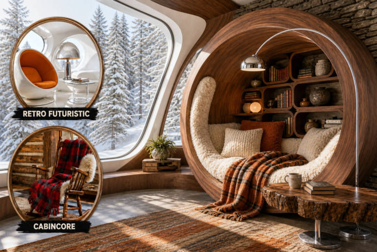 retro futuristic cabincore reading nook