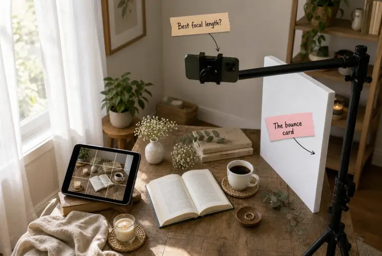 A smartphone mounted on a boom arm over a styled wooden table with a white foam board and sheer curtains.